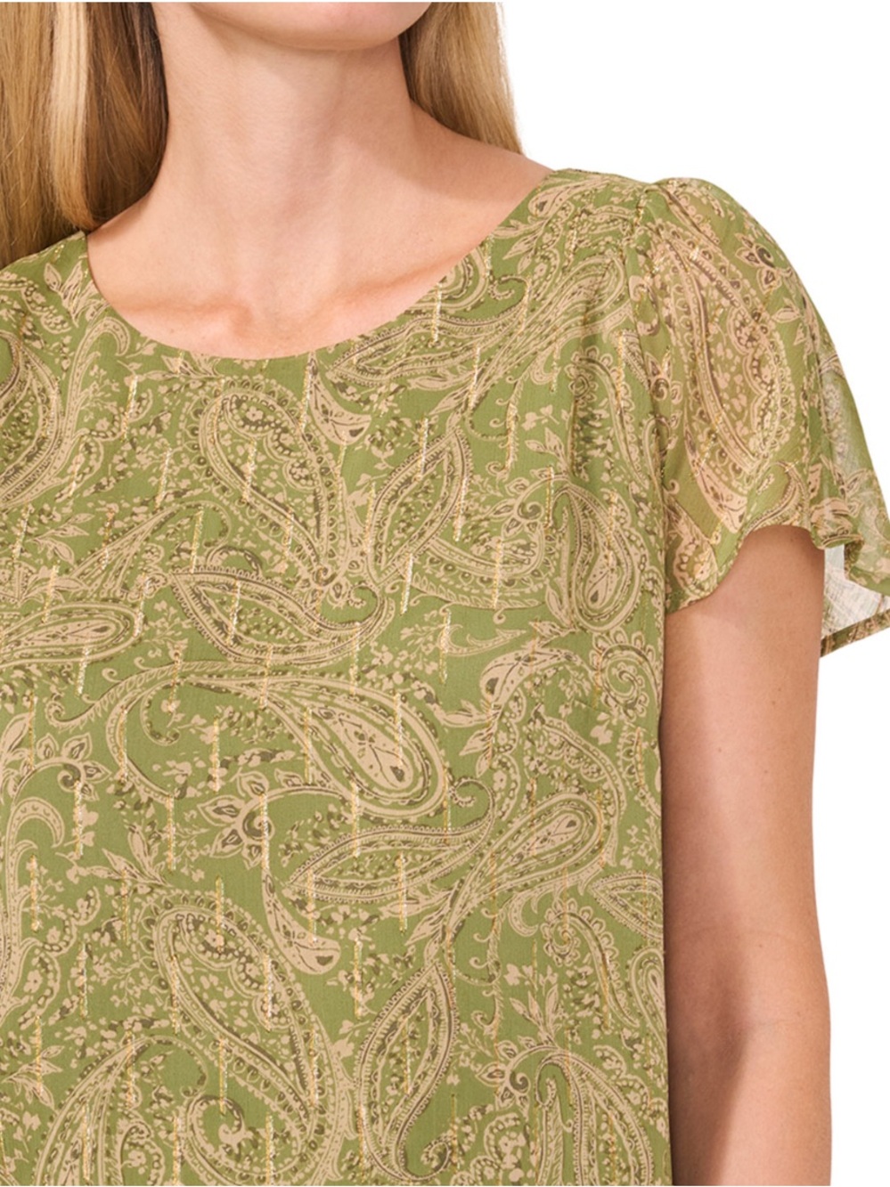 NWT CeCe Sz XL Women’s Green Glitter Flutter Sleeve Crewneck Blouse Top Ret $69! - Picture 3 of 16